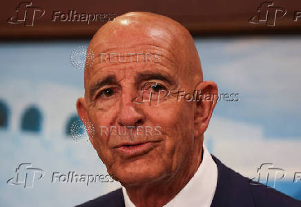 U.S. Special Envoy for Syria Thomas Barrack speaks after a meeting with Lebanese President Joseph Aoun at the presidential palace in Baabda