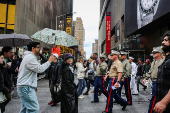 U.S. Marines walk through Times Square during Fleet Week 2025 in New York City