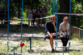 Apartment building damaged during Russian drone and missile strikes, in Kyiv