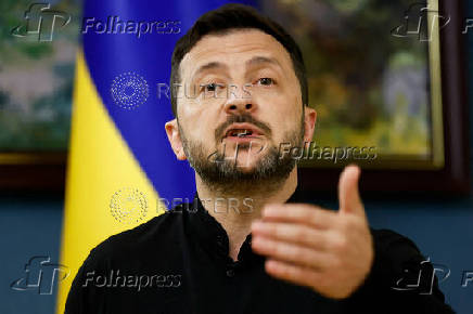 FILE PHOTO: Ukraine's President Zelenskiy speaks during a press briefing, in Kyiv
