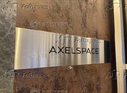 Japanese small satellite startup Axelspace's logo is displayed at its office in Tokyo