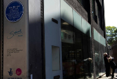 A John Harvard blue plaque is seen outside the John Harvard Library on Borough High Street, London