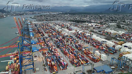A drone view shows the port of Santos in Brazil