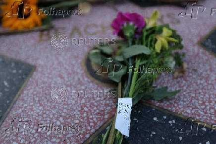 Flowers are kept on the star of band Beach Boys following musician Brian Wilson's death on the Hollywood Walk of Fame in Los Angeles