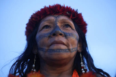 Munduruku and Guarani-Kaiowa Indigenous people participate in a protest in front of the Supreme Court