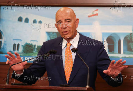 U.S. Special Envoy for Syria Thomas Barrack speaks after a meeting with Lebanese President Joseph Aoun at the presidential palace in Baabda