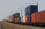 Containers are transported by train near the Deendayal Port in Kandla