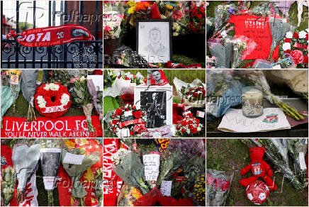 A combination picture shows tribute to Liverpool's Portuguese soccer player Diogo Jota outside Liverpool's Anfield Stadium