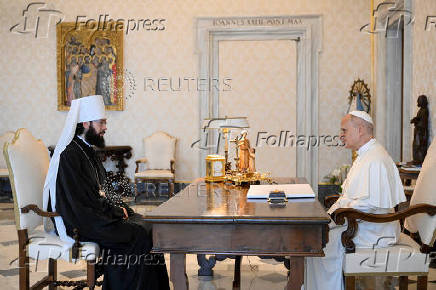 Pope Leo interacts with Metropolitan Antonij of Volokolamsk, at the Vatican