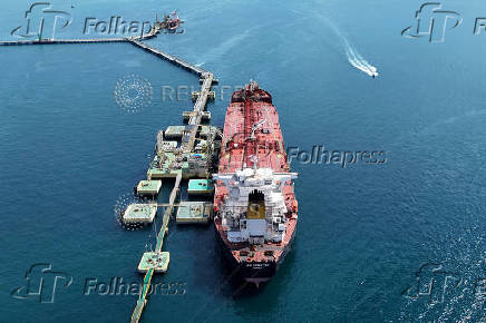 FILE PHOTO: Drone shot of oil tanker at Petrobras distribution terminal in Brazil