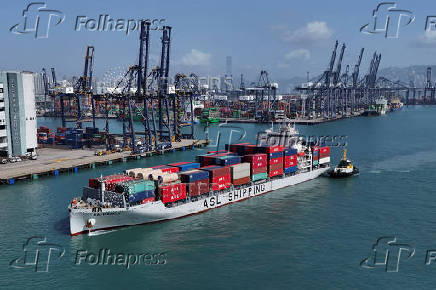 A drone view shows an ASL Shipping cargo ship at Kwai Tsing Container Terminals in Hong Kong