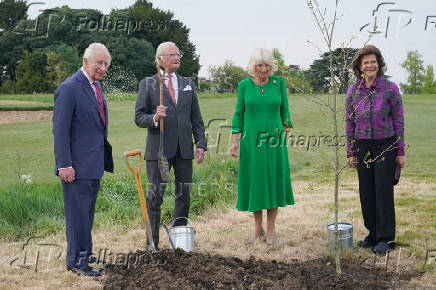 Britain's King Charles and Queen Camilla are joined by King Carl XVI Gustaf and Queen Silvia of Sweden, to plant a Swedish oak tree in the Home Park of Windsor Castle