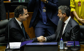 Rodrigo Pacheco e Arthur Lira, durante cúpula dos parlamentos do G20