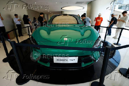 Xiaomi's new electric SUV YU7 is displayed at a Xiaomi store in Beijing