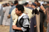 A vendor carries a sacrificial animal at a livestock market, ahead of the Muslim Festival of Sacrifice Eid al-Adha, in Al Qalyubia Governorate
