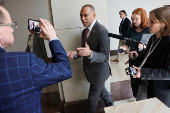 U.S. House Minority Leader Jeffries is trailed by reporters on Capitol Hill in Washington