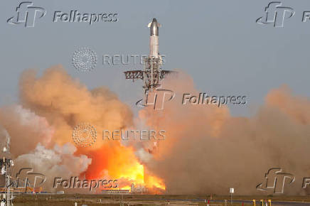 SpaceX's next-generation Starship spacecraft atop it's Super Heavy booster is launched on its eighth test