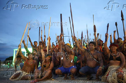 Munduruku and  Guarani-Kaiowa Indigenous people participate in a protest in front of the Supreme Court