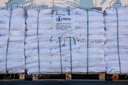 Supplies provided by the World Food Programme lies on a truck carrying aid at the Kerem Shalom crossing between Israel and Gaza, on the Israeli side of the Israel-Gaza border