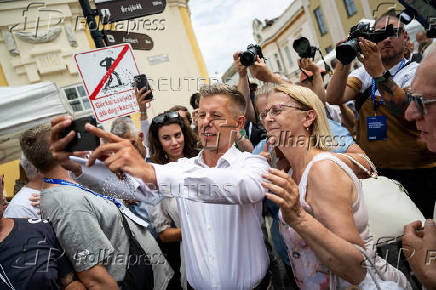 Peter Magyar, Hungarian opposition leader, delivers a speech in Szekesfehervar