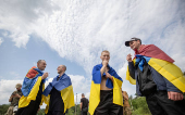 Ukrainian POWs are seen after a swap at an unknown location in Ukraine
