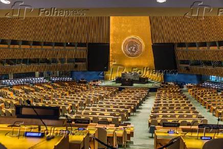 Vista da Assembleia Geral da ONU, na sede das Nações Unidas, em Nova York,