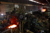 A production line at a plate rolling mill is seen at Nippon Steel's East Nippon Works Kimitsu Area plant in Kimitsu