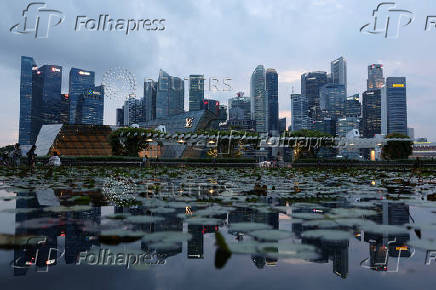 A view of the central business district skyline in Singapore