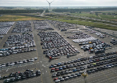 Drone view of new cars parked in the port of Zeebrugge