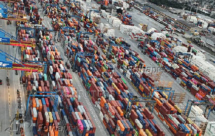 A drone view shows the port of Santos in Brazil