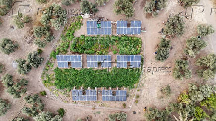 A drone view shows solar panels on a farm that uses solar panels to generate electricity, which has been in high demand recently, in Mosul,