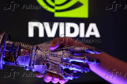 Illustration shows Nvidia logo, human hand and miniature of 3D-printed robot hand