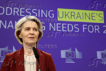 EU Commission President Von der Leyen and EU Commissioner for Economy Dombrovskis hold a press conference addressing Ukraine's financing needs for 2026-2027