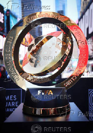 The FIFA Club World Cup 2025 winners trophy is displayed in Times Square in New York City