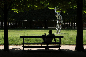 A man sits on a bench in the Tuileries Garden on a warm and sunny day in Paris