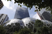 Buildings and features of the Amazon Corporation headquarters and campus in Seattle