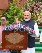 Indian Prime Minister Narendra Modi addresses the media ahead of Parliament monsoon session in New Delhi