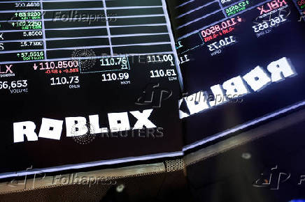 The Roblox logo is displayed on a screen on the floorat the New York Stock Exchange (NYSE) in New York City