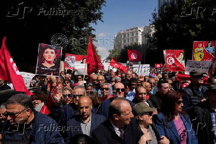 Supporters of Free Constitutional Party, whose leader Abir Moussi has been detained since October 2023, gather during a protest against Tunisian president Kais Saied in Tunis
