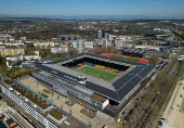 A drone view shows the Stadion Wankdorf ahead of UEFA Women's Euro 2025 in Bern