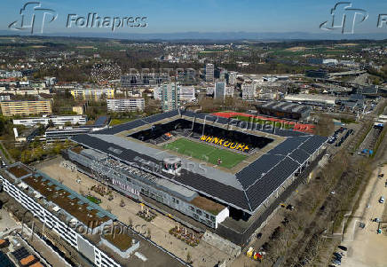 A drone view shows the Stadion Wankdorf ahead of UEFA Women's Euro 2025 in Bern