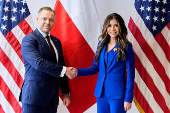 Poland's conservative presidential candidate Karol Nawrocki, meets with Homeland Security Secretary Kristi Noem, in Rzeszow