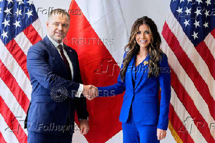 Poland's conservative presidential candidate Karol Nawrocki, meets with Homeland Security Secretary Kristi Noem, in Rzeszow
