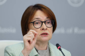 Elvira Nabiullina, Governor of Russian Central Bank, attends a press conference in Moscow
