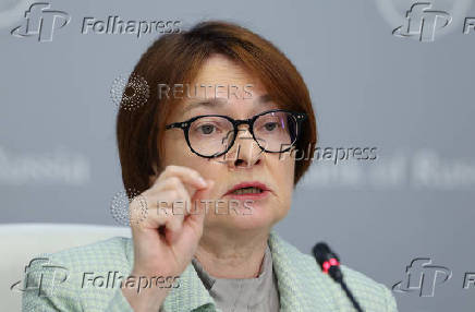 Elvira Nabiullina, Governor of Russian Central Bank, attends a press conference in Moscow