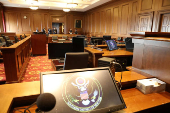 A view from the witness chair inside a federal courtroom similar to the room where the  trial of Sean (P. Diddy) Combs is being held in Federal District court in Manhattan