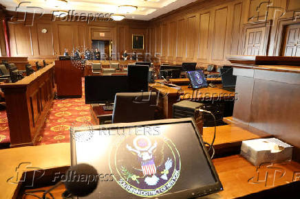 A view from the witness chair inside a federal courtroom similar to the room where the trial of Sean (P. Diddy) Combs is being held in Federal District court in Manhattan