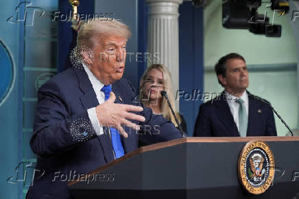 U.S. President Trump speaks to the media at the White House in Washington