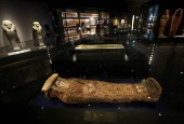 Museum exhibits are displayed at the Grand Egyptian Museum