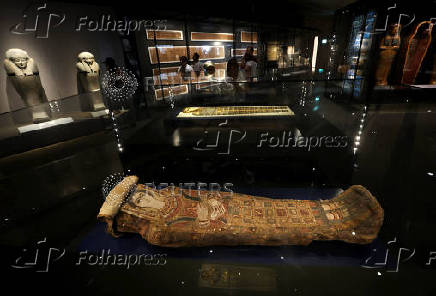 Museum exhibits are displayed at the Grand Egyptian Museum